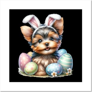 Puppy Yorkshire Terrier Bunny Ears Easter Eggs Happy Easter Posters and Art